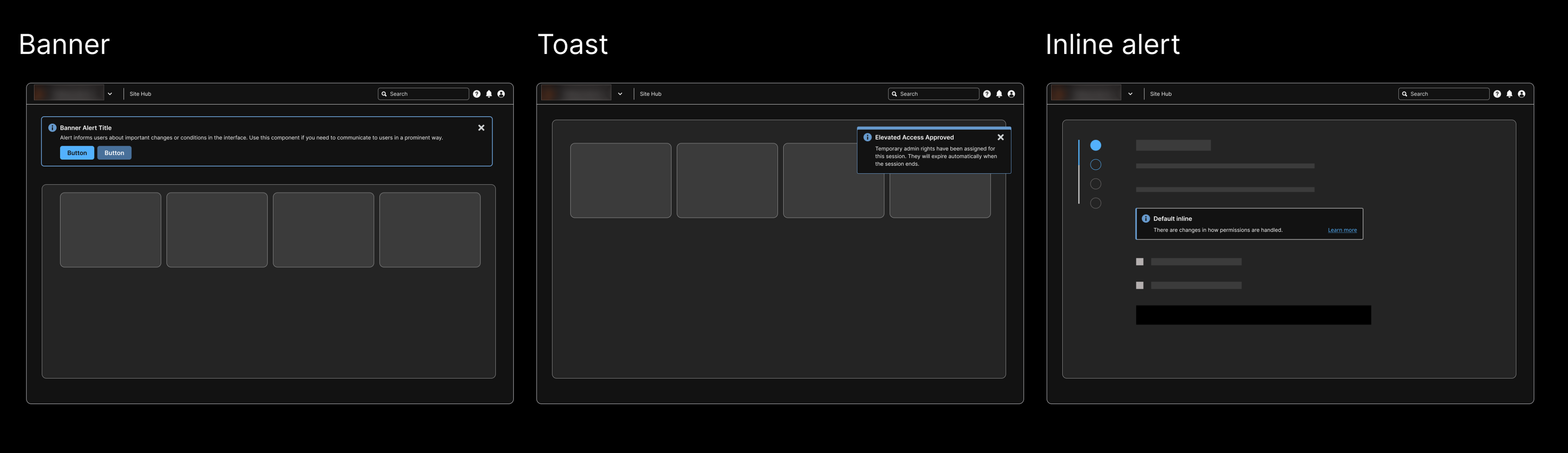 Alert types comparison — banner, toast, and inline