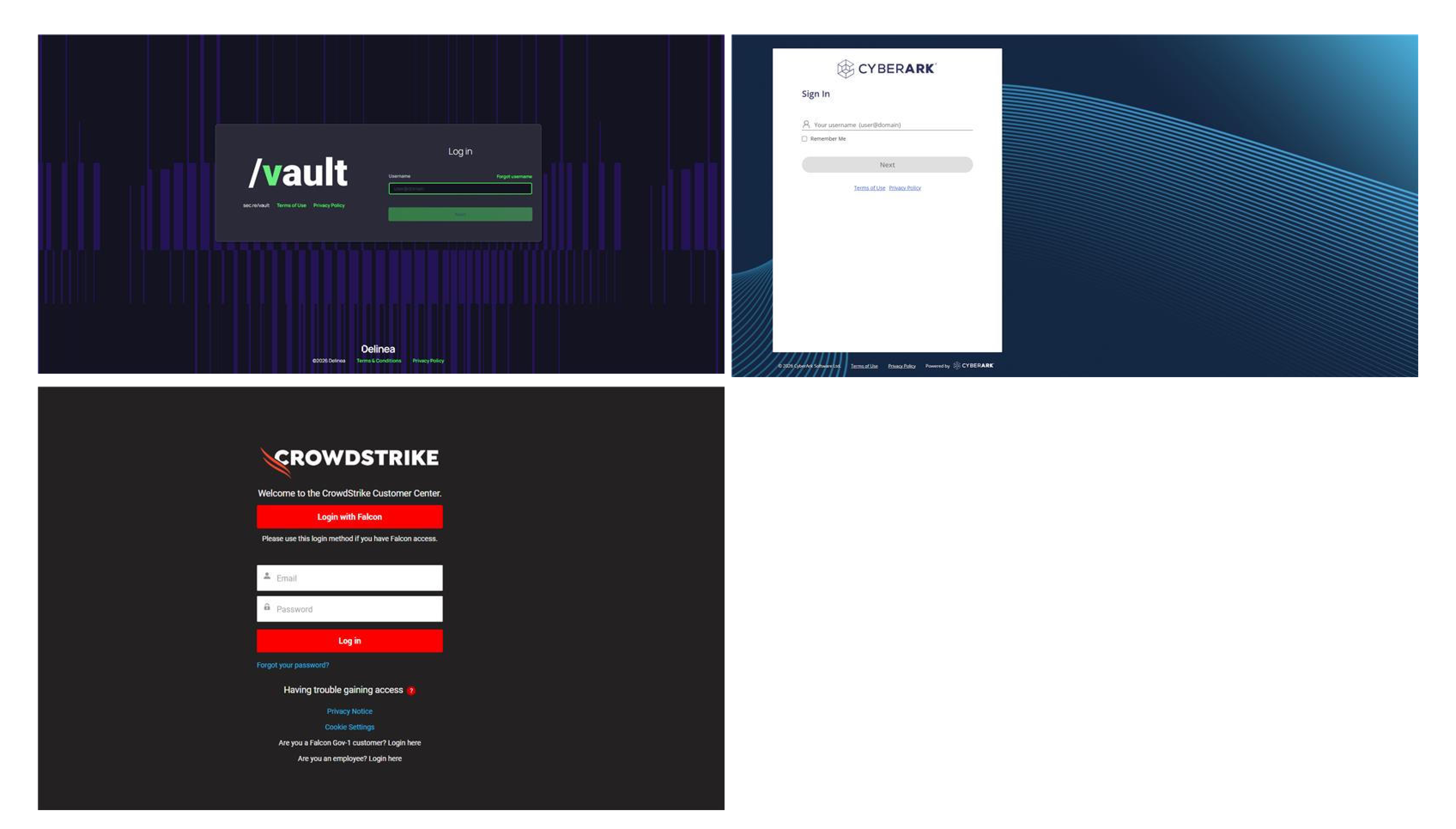 Competitor login audit — Vault, CyberArk, CrowdStrike