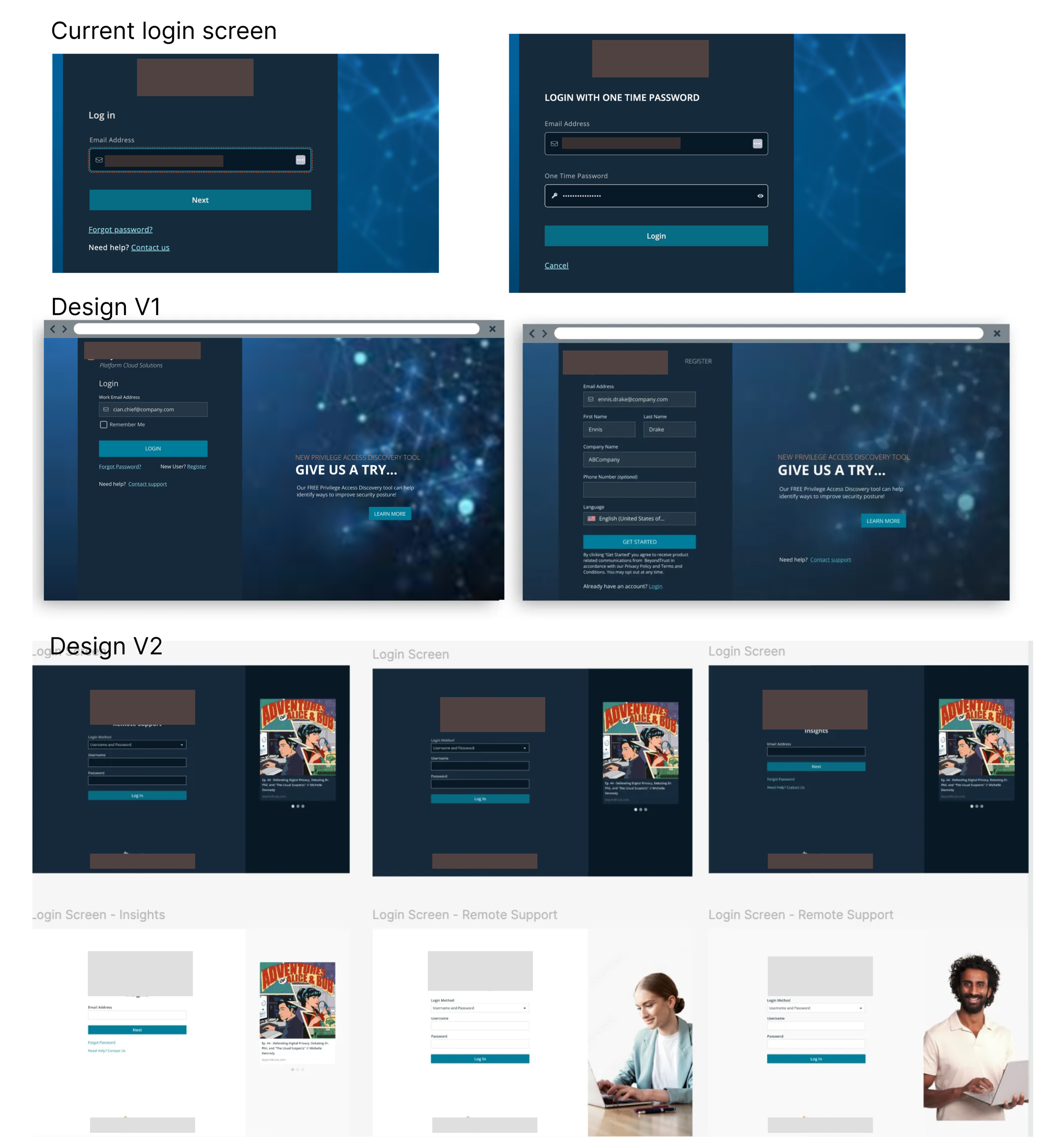 Login design iterations — current, V1, V2