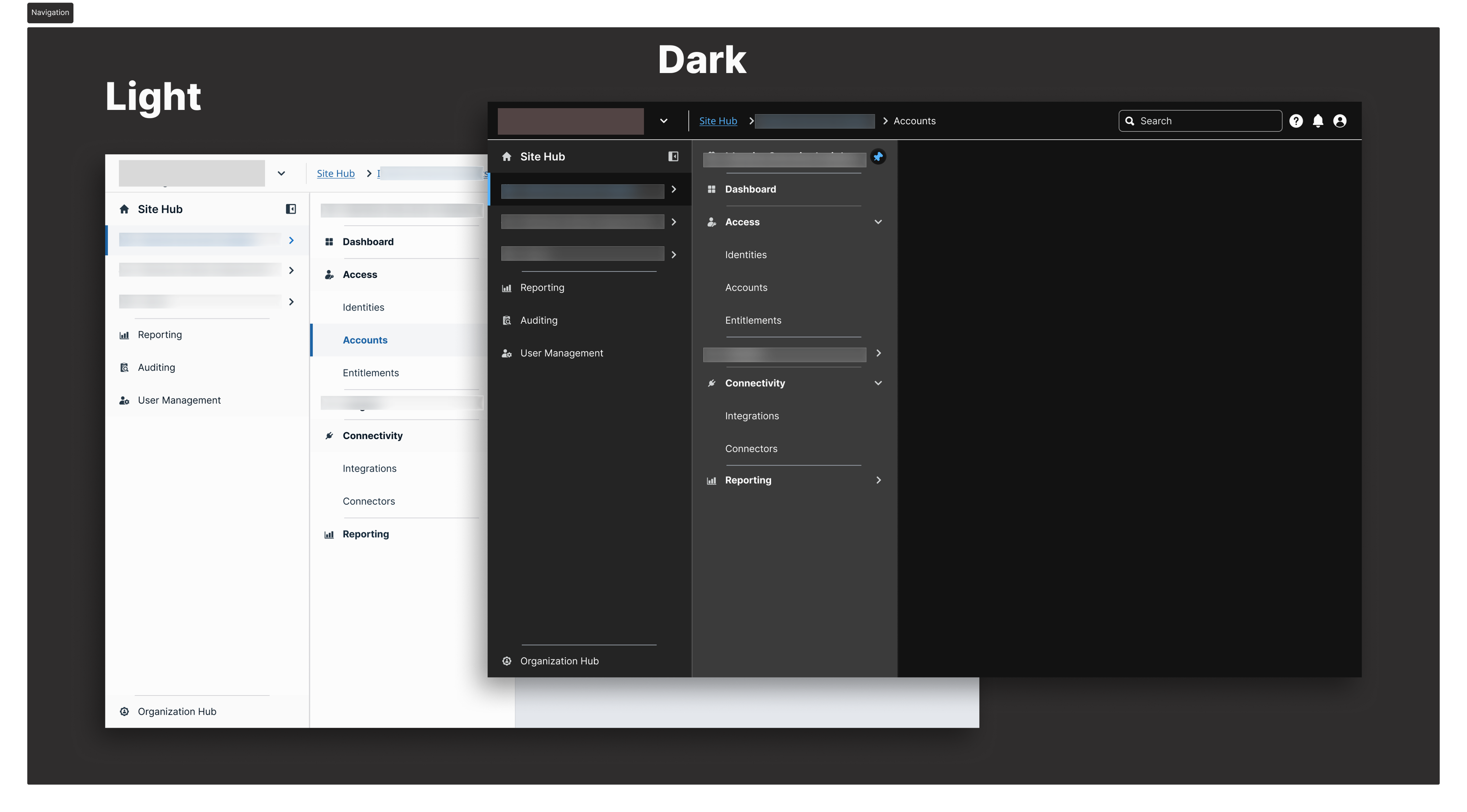 Navigation in light and dark mode